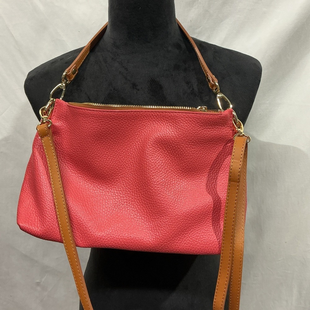 VALENTINA ITALIAN Woman's Coral Pebbled Leather Triple Entry Slouch CrossbodyBag